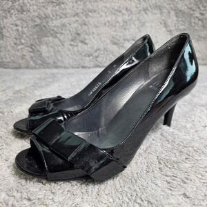 VTG Stuart Weitzman Peep Toe Pumps Black Patent Leather Bow Women 5 M Good
